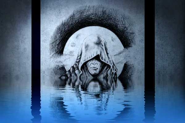 Demon hoofd tatoeage op blauwe muur reflecties in het water — Stockfoto