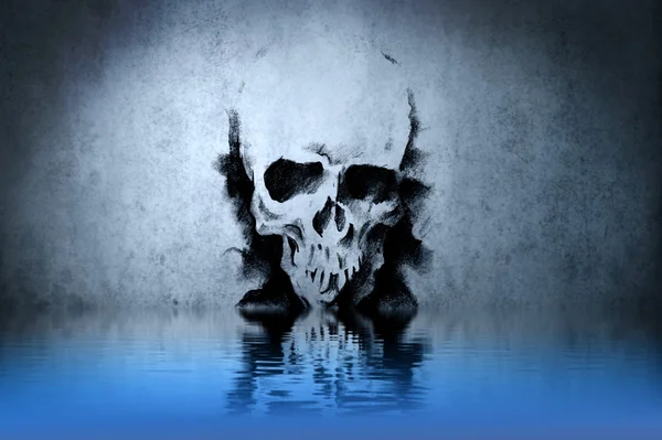 Warrior Skull tattoo on blue wall with water reflections — Stock Photo, Image