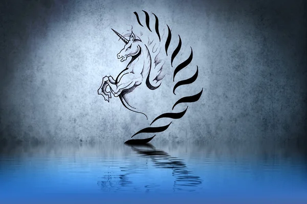 Tätowierung niedliches Einhorn mit Wasserreflexion. Illustrationsdesign o — Stockfoto