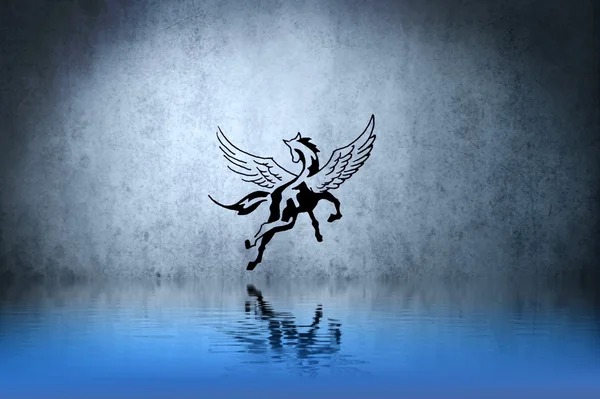 Cavalo de tatuagem com reflexo de água. Design de ilustração sobre blu — Fotografia de Stock