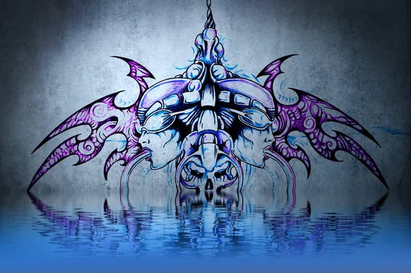 Robô de tatuagem com reflexão de água. Design de ilustração sobre blu — Fotografia de Stock