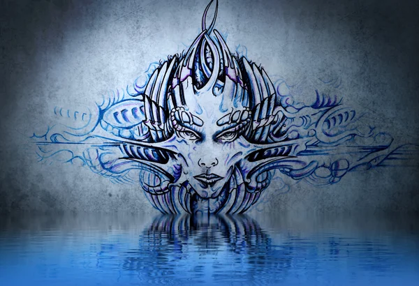 Tattoo robot with water reflection. Illustration design over blu — Stock Photo, Image