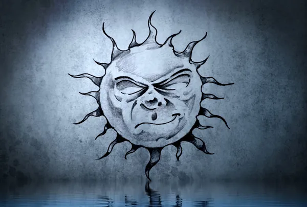 水の反射とかわいい太陽を入れ墨。上のイラスト デザイン — ストック写真
