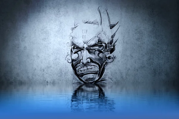 Warrior schedel tatoeage op blauwe muur met water reflecties — Stockfoto