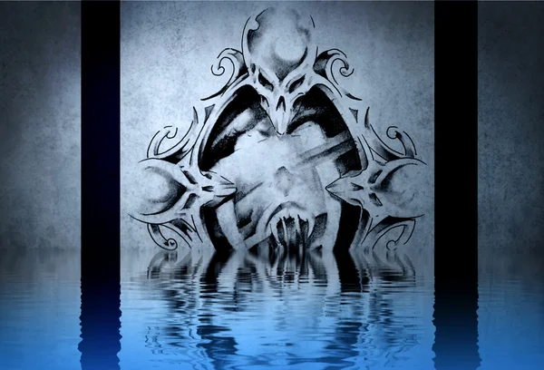 Zombi dövme su yansımaları ile mavi duvar — Stok fotoğraf