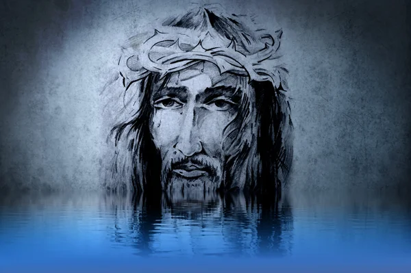 Иисус Христос, рисуя на синей стене отражения в воде — стоковое фото