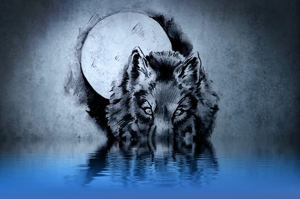 Tätowierung eines Wolfskopfes mit Wasserspiegelungen — Stockfoto