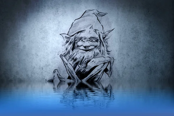 Goblin op blauwe muur met grappige reflecties op het water — Stockfoto