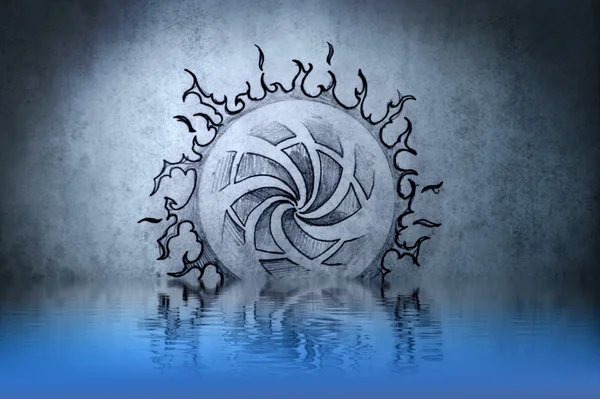 Celtic tattoo drawing on blue wall with water reflections — Stock Photo, Image