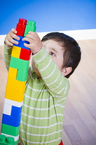 Освіта, милий маленький хлопчик грає з блоками — стокове фото