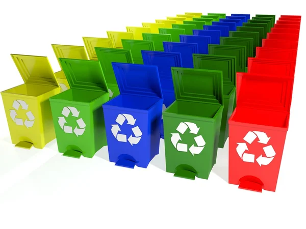 Reciclar contenedores en amarillo, verde, azul y rojo — Foto de Stock