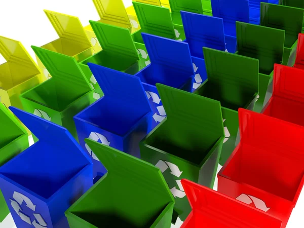 Prullenbakken in geel, groen, blauw en rood — Stockfoto
