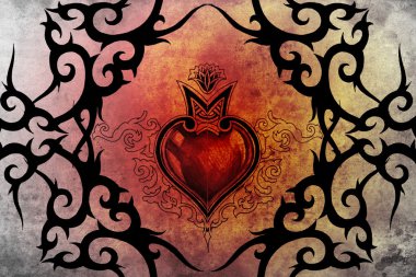 Tattoo art design, tribal with red heart clipart