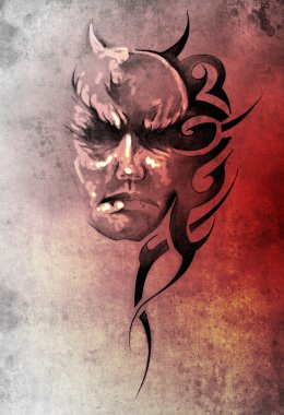 Sketch of tattoo art, monster head with tribal design clipart