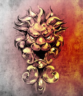 Sketch of tattoo art, gargoyle lion illustration clipart