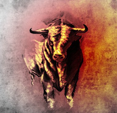 Sketch of tattoo art, spanish bull, dangerous bull with beaked h