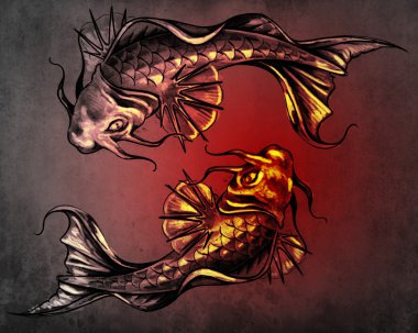 Duality concept tattoo, two Japanese goldfish on blue vintage b clipart