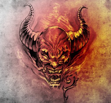 Tattoo art, sketch of a devil with big horns clipart