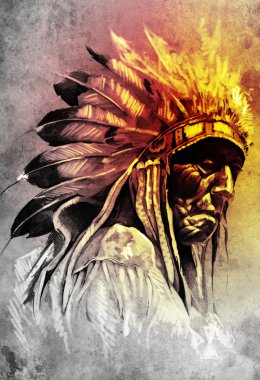 Sketch of tattoo art, indian head, chief, vintage style clipart