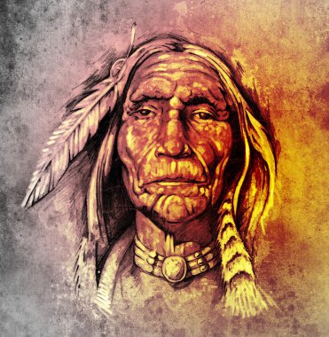 Sketch of tattoo art, portrait of american indian head over colo clipart