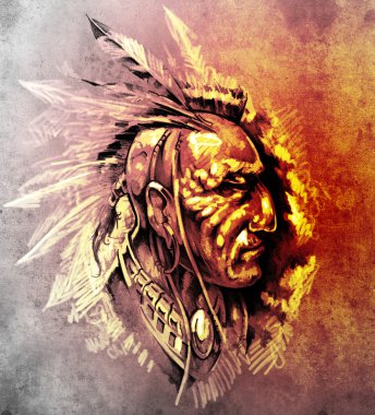 Sketch of tattoo art, American Indian Chief illustration over co clipart