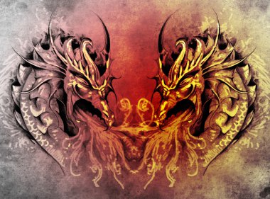 Tattoo art, fantasy medieval dragons heart clipart