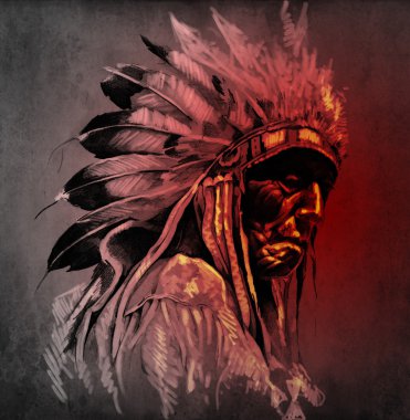 Tattoo art, portrait of american indian head over dark backgroun clipart