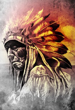 Sketch of tattoo art, indian head over artistic background clipart