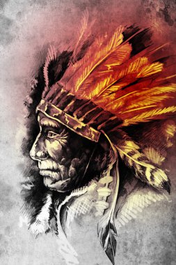 Indian Head Chief Illustration. Sketch of tattoo art, over vinta clipart