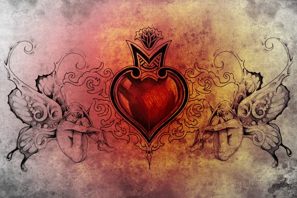 Tatuering konstdesign, hjärta med två nymfer på varje sida — Stockfoto