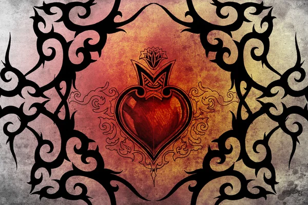 Sanat Tasarım, kırmızı kalp ile tribal tattoo — Stok fotoğraf
