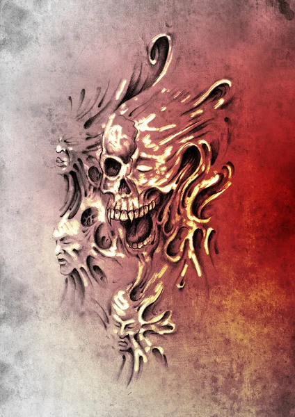 Desenho da arte da tatuagem, cabeças de monstro sob a pele — Fotografia de Stock