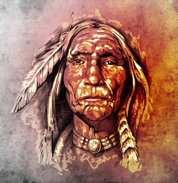 Skizze der Tätowierkunst, Porträt eines amerikanischen Indianerkopfes — Stockfoto