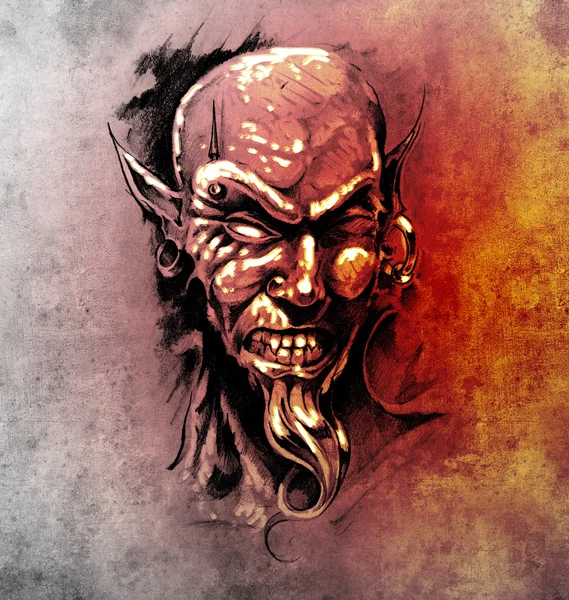 悪魔の頭ピアス タトゥー アートのスケッチ — ストック写真
