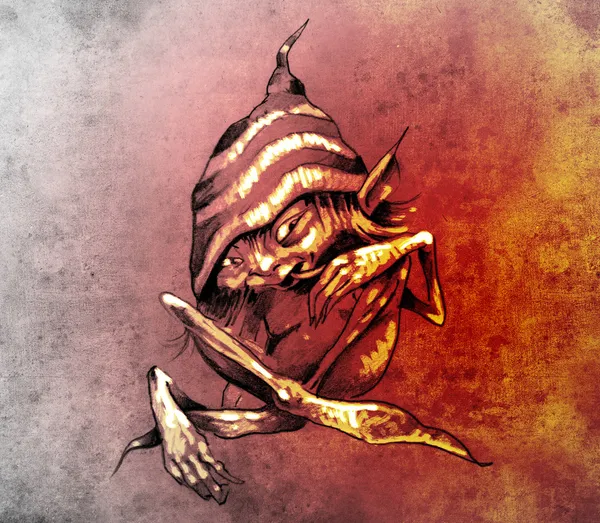 Sketsa seni tato, gnome kecil dengan topi lucu — Stok Foto