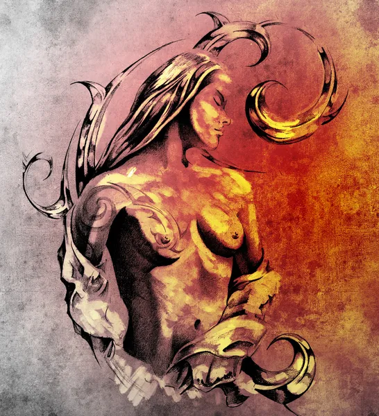 Desenho de arte de tatuagem, ilustração de fada nua — Fotografia de Stock