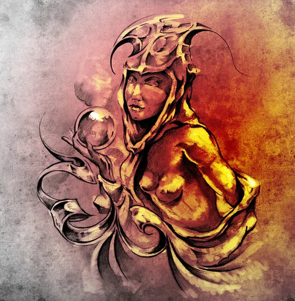 Σκίτσο της τέχνης τατουάζ, γυναίκα γυμνό νεράιδα — Φωτογραφία Αρχείου
