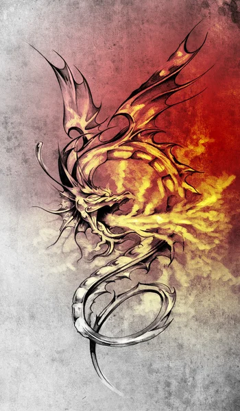Dövme sanatı, şık dragon illüstrasyon kroki — Stok fotoğraf