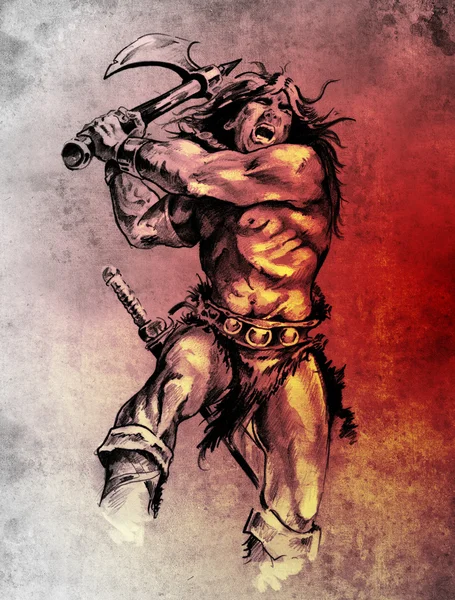 Schizzo di arte del tatuaggio, guerriero che combatte con grande ascia — Foto Stock