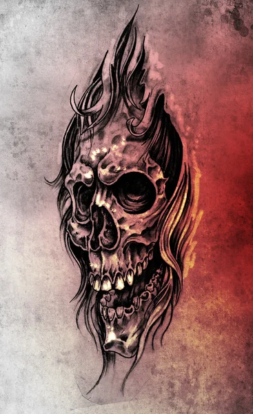 Desenho da arte da tatuagem, ilustração da cabeça do crânio, estilo vintage — Fotografia de Stock