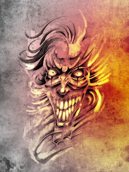 Ескіз татуювання мистецтва, усміхнений череп і клоун — стокове фото