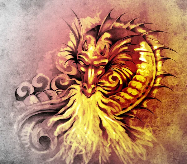 Náčrt tattoo art, fantasy středověké drak s bílým ohněm — Stock fotografie