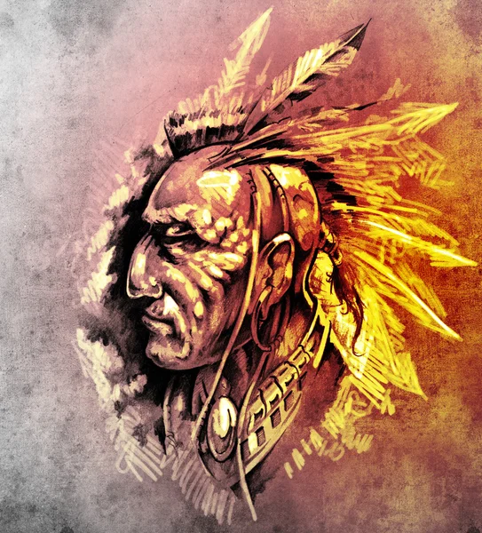 Szkic sztuka tatuaż, główny ilustracja indian amerykańskich — Zdjęcie stockowe