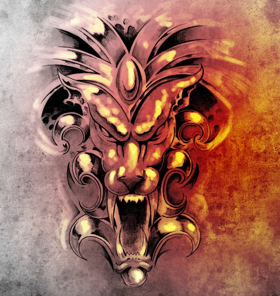 Σκίτσο της τέχνης τατουάζ, μάσκα διάβολος άγαλμα — Φωτογραφία Αρχείου