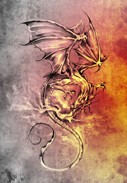 Schizzo di arte del tatuaggio, illustrazione del drago classico — Foto Stock