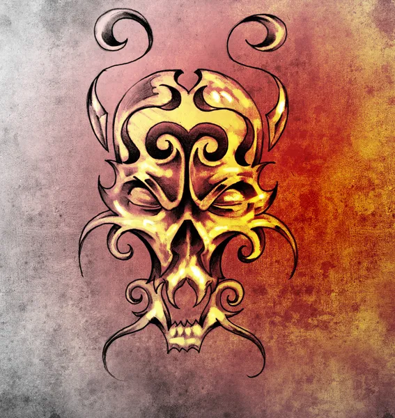 Sketch of tattoo art, monster mask with decorative elements — Stock Photo, Image