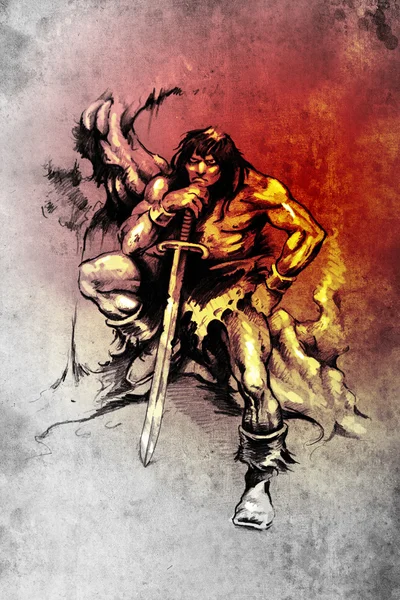 Arte del tatuaje, boceto de un guerrero con espada grande — Foto de Stock