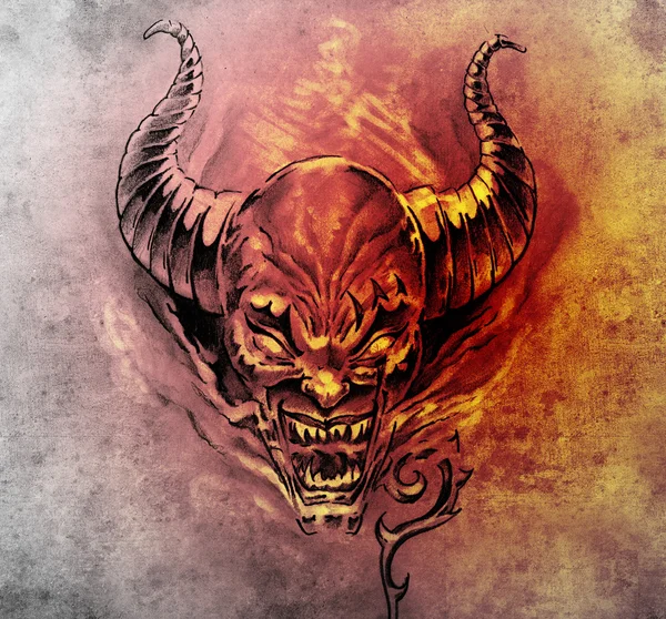 Arte del tatuaje, boceto de un diablo con cuernos grandes —  Fotos de Stock