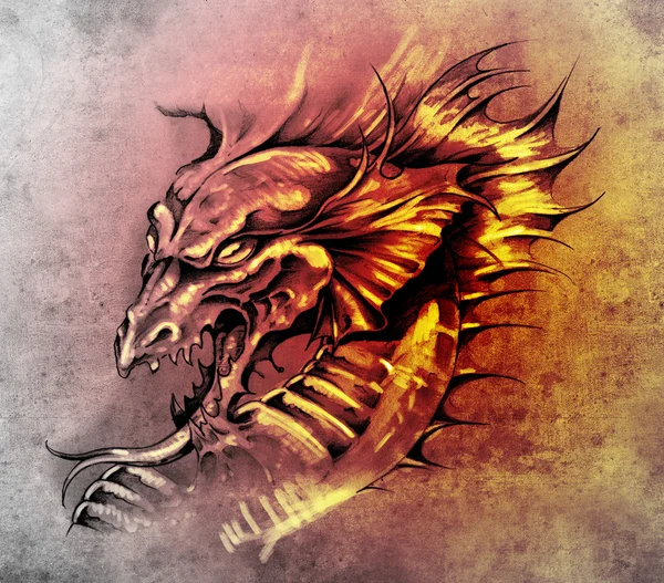 Skiss av tatuering konst, dragon över antika papper — Stockfoto