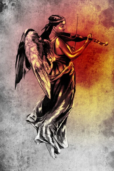 Bosquejo de arte del tatuaje, ángel con violín sobre fondo colorido —  Fotos de Stock